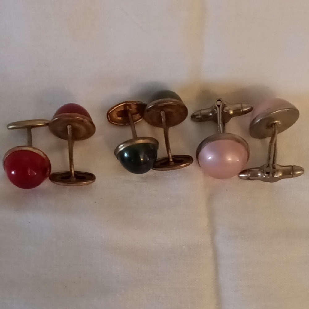 Men's Button-Style Cufflinks Set with Red, Green, and Pink Domes